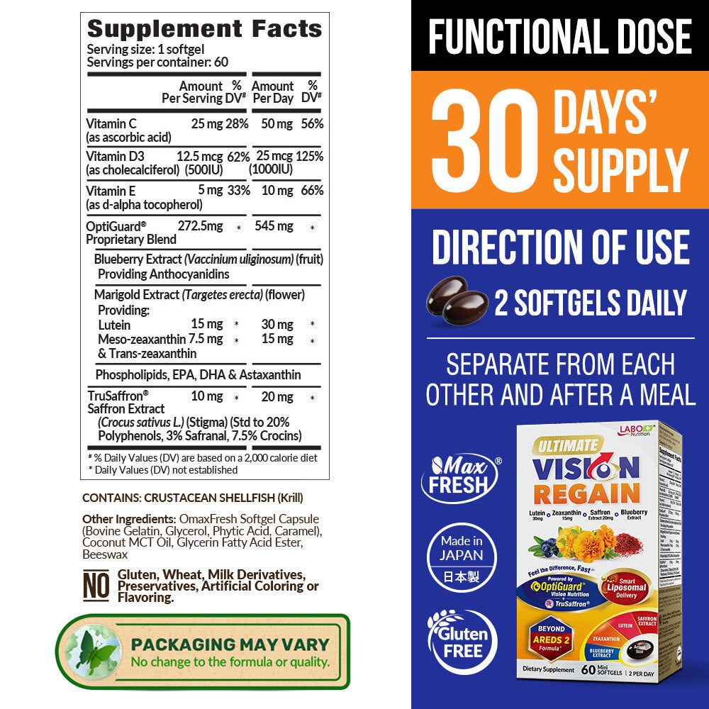LABO Nutrition Ultimate VisionREGAIN Vision Support Supplement – Beyond AREDS2 Eye Vitamins with Lutein, Zeaxanthin, Saffron &amp; Blueberry, 60 Softgels