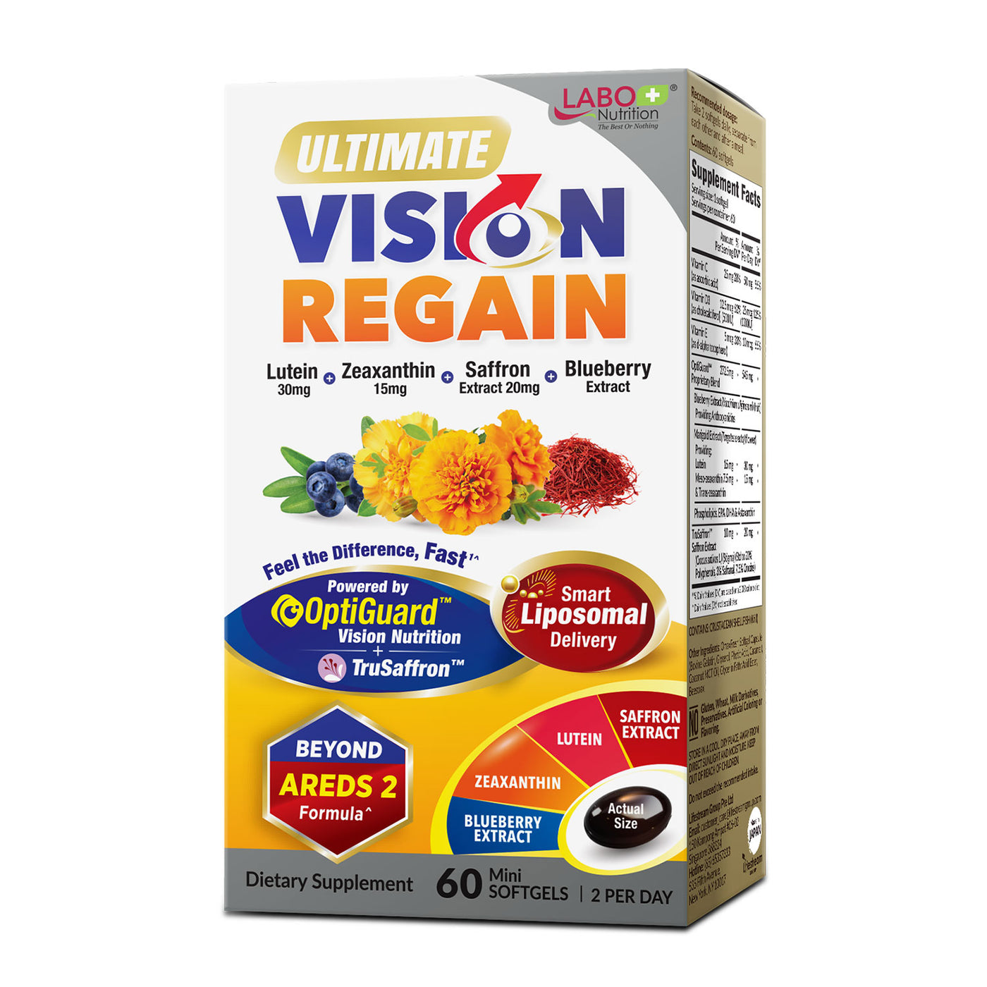 LABO Nutrition Ultimate VisionREGAIN, Eye Vitamin Beyond AREDS 2 Formula with Lutein, Zeaxanthin, Saffron Extract, Blueberry for Macular and Retinal Health, Eye Fatigue, Night Vision Support 60 Counts