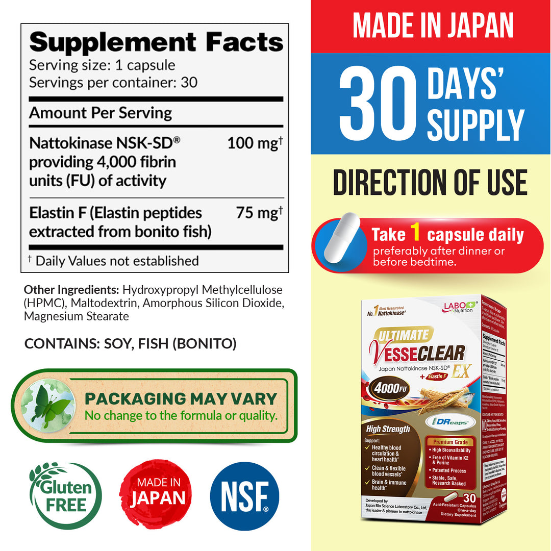 LABO Nutrition Ultimate VesseCLEAR EX – Nattokinase NSK-SD 4000 FU with Elastin F for Circulation &amp; Vascular Support, Delayed Release Capsules - Lifestream Group US