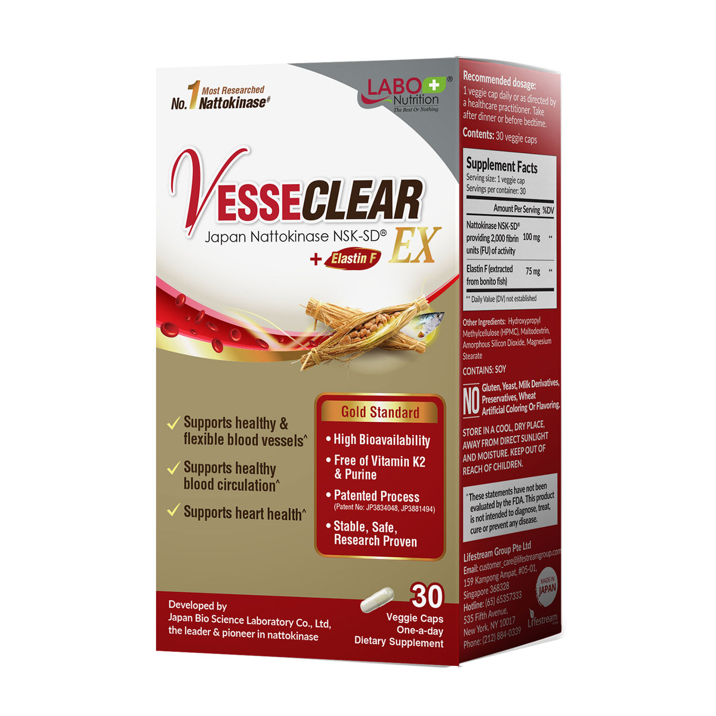LABO Nutrition VesseCLEAR EX: Nattokinase NSK-SD+Elastin F for Clean & Flexible Blood Vessel. Japan's Most Clinically Studied, Functional Dose, For Cardiovascular, Blood Pressure & Circulation Support - Lifestream Group US
