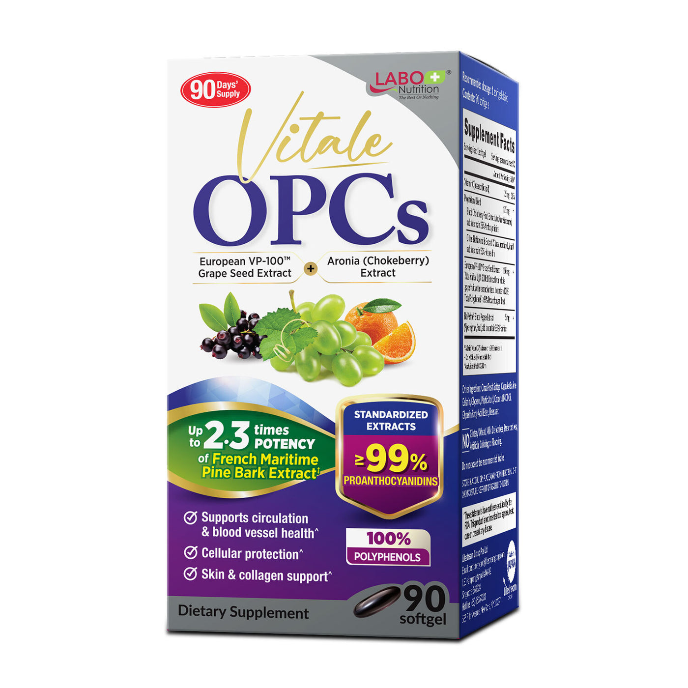 LABO Vitale OPCs | Premium European Grape Seed Extract with Aronia, Citrus Bioflavonoids | Supports Circulation, Skin Health and Cellular Protection | 100% polyphenols 90 Softgels