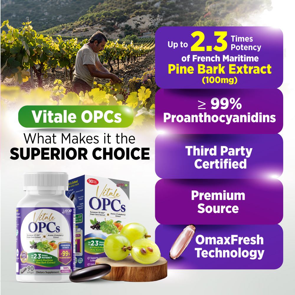 LABO Nutrition Vitale OPCs | Premium European Grape Seed Extract with Aronia, Citrus Bioflavonoids | Supports Circulation, Skin Health and Cellular Protection | 100% polyphenols 90 Softgels