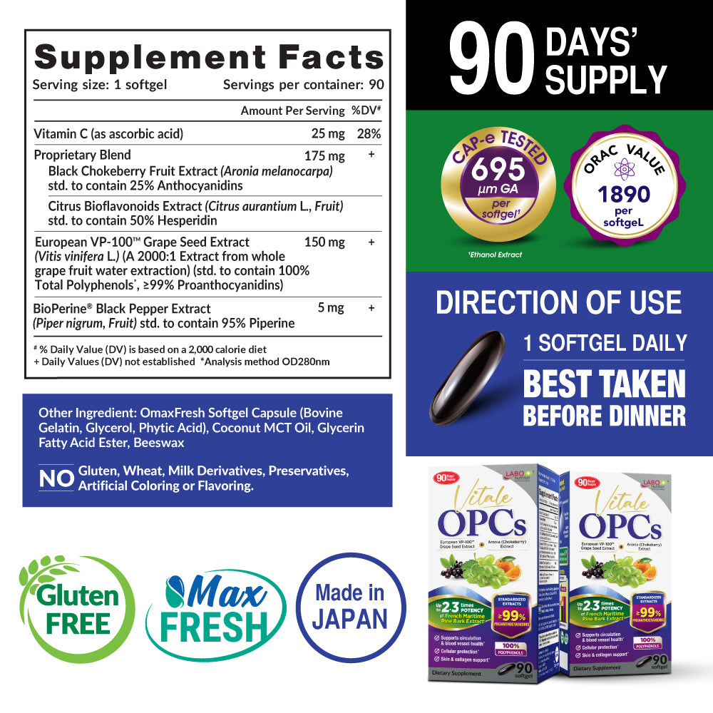 LABO Nutrition Vitale OPCs | Premium European Grape Seed Extract with Aronia, Citrus Bioflavonoids | Supports Circulation, Skin Health and Cellular Protection | 100% polyphenols 90 Softgels