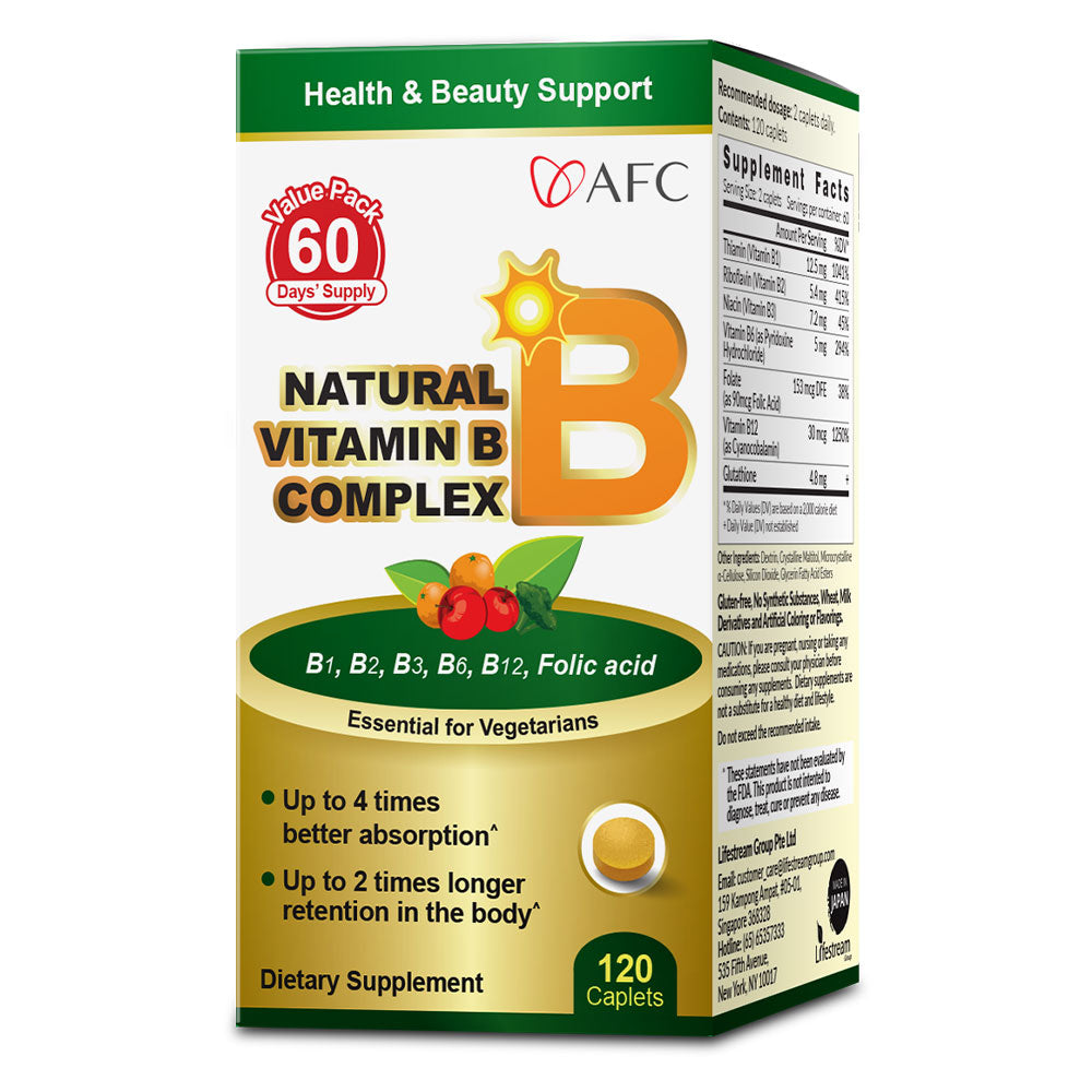 AFC Natural Vitamin B Complex Folic Acid Boost Energy Memory Healthy Hair & Skin - Lifestream Group US