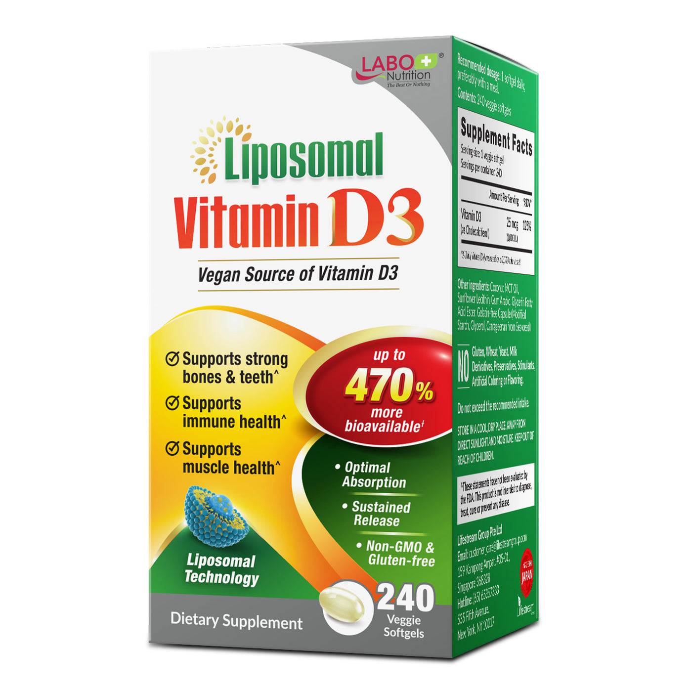 LABO Liposomal Vitamin D3, High Potency Vegan-Sourced for Optimal Absorption, Sustained Release, 470% Bioavailable, Boost Immunity, Bone & Brain Health, 240 Days Supply, Non-GMO, Gluten Free - Lifestream Group US