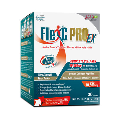 LABO Nutrition FlexC PRO EX with Peptan Type I & III Collagen Peptide, Ovomet Eggshell Membrane, Water Soluble Silica & Curcumin C3 Reduct, for Joints, Bones, Muscles, Tendons, Ligaments - Lifestream Group US