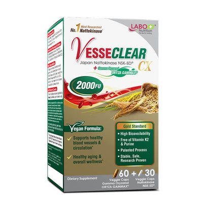 LABO Nutrition VesseCLEAR CX确保通CX：纳豆激酶 NSK-SD + 谷维素，用于清通血管和辅助健康老化，日本最经临床研究，支持健康胆固醇、心血管、素食