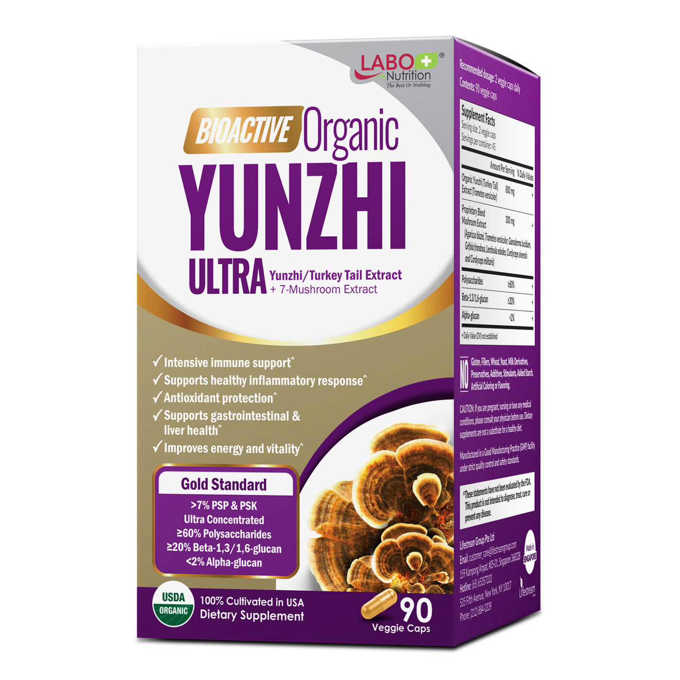 LABO Nutrition Bioactive Organic Yunzhi/ Turkey Tail Ultra, USDA Organic, 8 Medicinal Mushroom Supplement, For Immunity, No Fillers, Vegan - Lifestream Group US