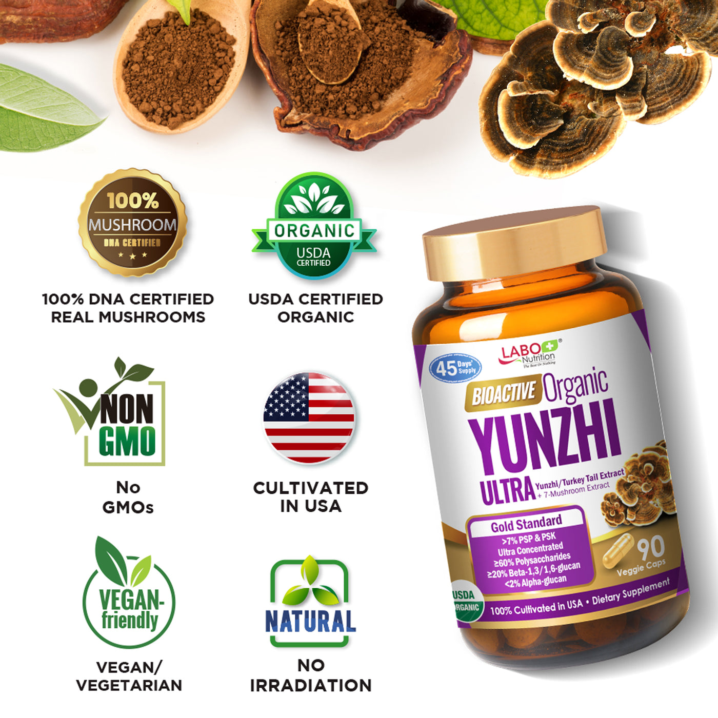 LABO Bioactive Organic Yunzhi-Turkey Tail+7 Mushroom Extract Intensive Immune Support & Recovery - Lifestream Group US