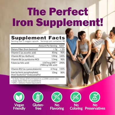 LABO Nutrition Femme Iron Endosomal SunActive, Non-Irritating 15mg Iron Supplement for Blood Builder, Vegan, Gentle, No Metallic Aftertaste, Non Constipating, Ideal for Sensitive Stomachs, 90 Count - Lifestream Group US