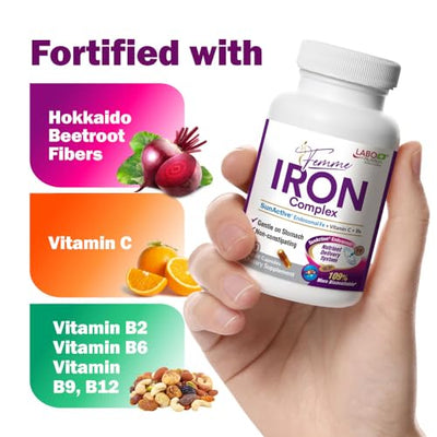 LABO Nutrition Femme Iron Endosomal SunActive, Non-Irritating 15mg Iron Supplement for Blood Builder, Vegan, Gentle, No Metallic Aftertaste, Non Constipating, Ideal for Sensitive Stomachs, 90 Count - Lifestream Group US