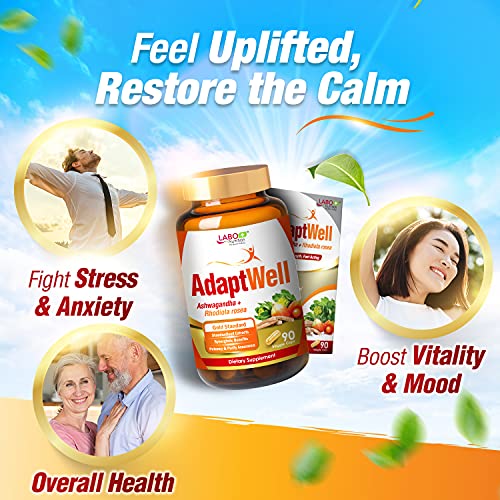 LABO Nutrition AdaptWell Ashwagandha Root Extract >7% withanolides, Rhodiola Rosea Extract >5% rosavins & Bioperine, Stress Relief & Thyroid Support - Lifestream Group US