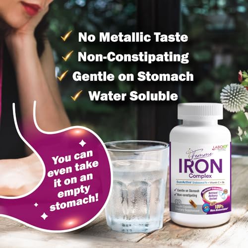 LABO Nutrition Femme Iron Endosomal SunActive, Non-Irritating 15mg Iron Supplement for Blood Builder, Vegan, Gentle, No Metallic Aftertaste, Non Constipating, Ideal for Sensitive Stomachs, 90 Count - Lifestream Group US