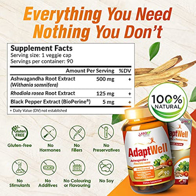 LABO Nutrition AdaptWell Ashwagandha Root Extract >7% withanolides, Rhodiola Rosea Extract >5% rosavins & Bioperine, Stress Relief & Thyroid Support - Lifestream Group US