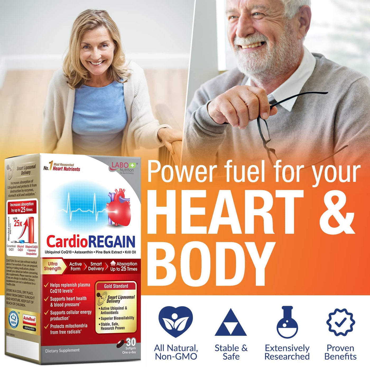 LABO Nutrition CardioREGAIN, Ubiquinol CoQ10 with Kaneka QH 100mg, Pine Bark Extract, Astaxanthin, Heart Health & Cellular Energy - Lifestream Group US