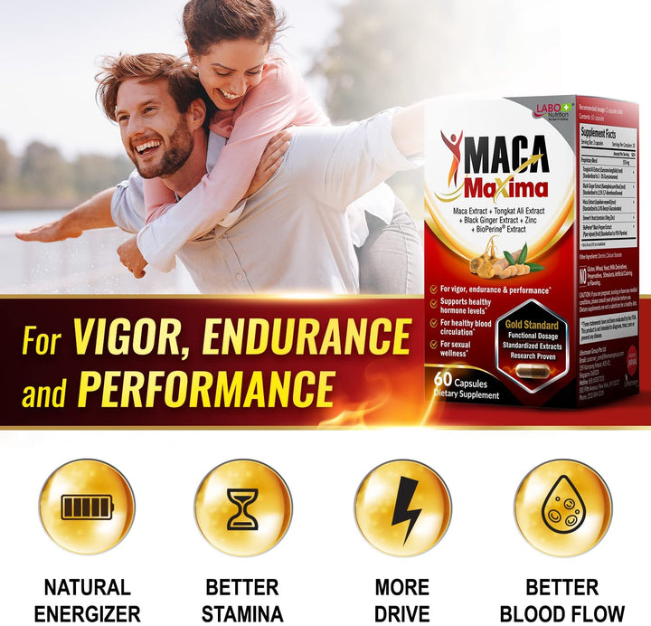 MacaMaxima Peruvian Maca Root, Tongkat Ali, Black Ginger, Zinc and Black Pepper Extract, Supports Reproductive Health, Energy, Stamina and Mood - Lifestream Group US