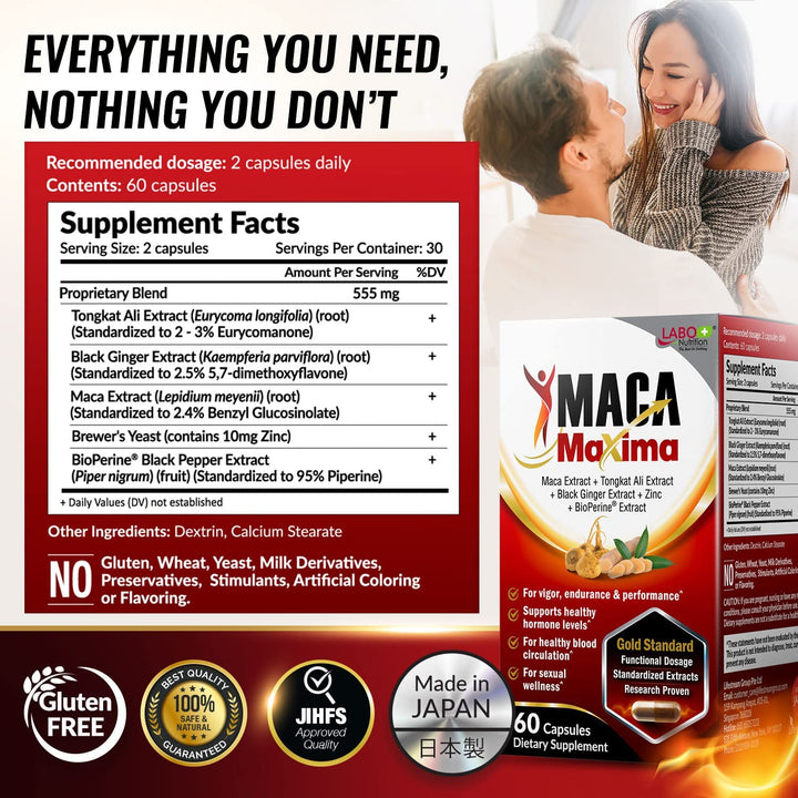 MacaMaxima Peruvian Maca Root, Tongkat Ali, Black Ginger, Zinc and Black Pepper Extract, Supports Reproductive Health, Energy, Stamina and Mood - Lifestream Group US
