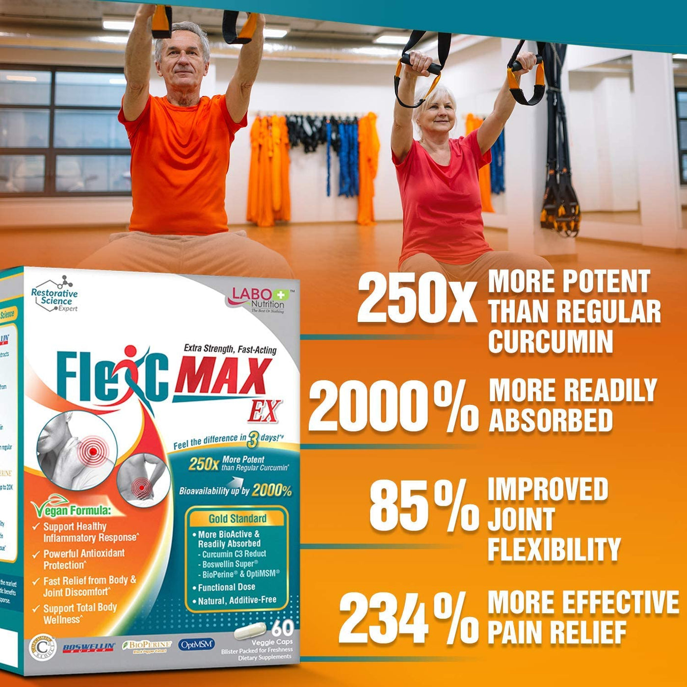 LABO Nutrition FlexC MAX EX with Turmeric Curcumin C3 Reduct 95% Tetrahydrocurcuminoids, Bioperine, Boswellia Extract & OptiMSM, Effective Anti-Inflammatory & Antioxidation, Joint & Body Pain Relief - Lifestream Group US