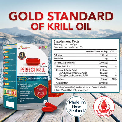 LABO Nutrition Perfect Krill 1000 mg, Ultra Strength Antarctic Krill Oil with Omega-3s, Phospholipids, & Astaxanthin, Heart, Joint, Brain Support - Lifestream Group US