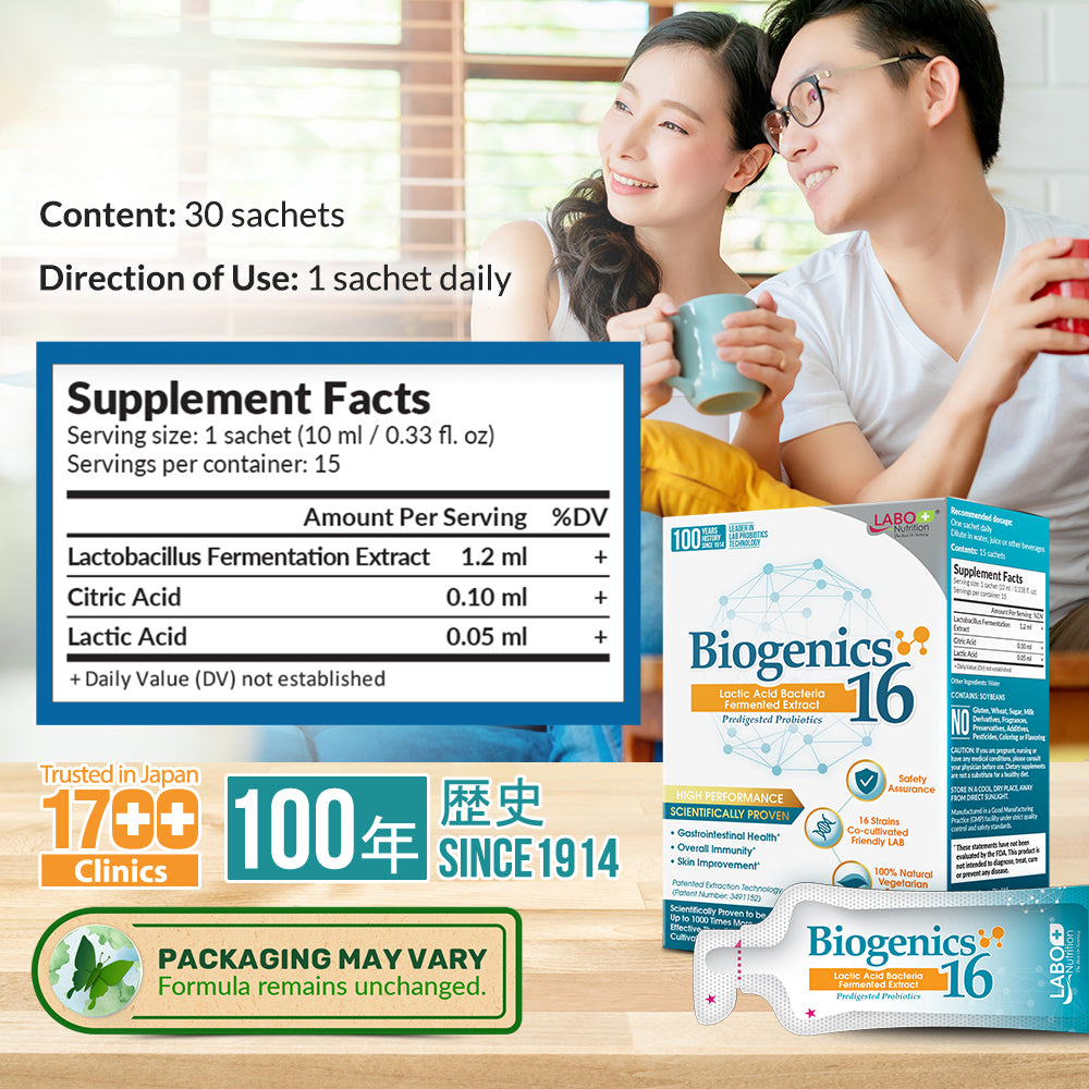 LABO Nutrition Biogenics 16–Lactic Acid Bacteria Fermented Extract, 1000x More Effective, Gut Health Support Beyond Probiotics &amp; Prebiotics - Lifestream Group US