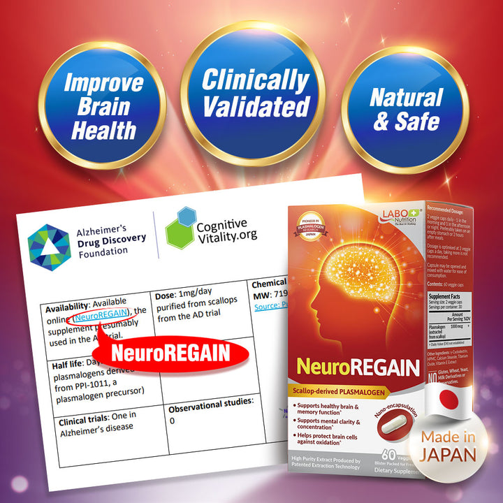 LABO Nutrition NeuroREGAIN - Scallop-derived PLASMALOGEN for Brain Deterioration, Memory, Alertness, Learning, Concentration – Suitable for Seniors - Lifestream Group US