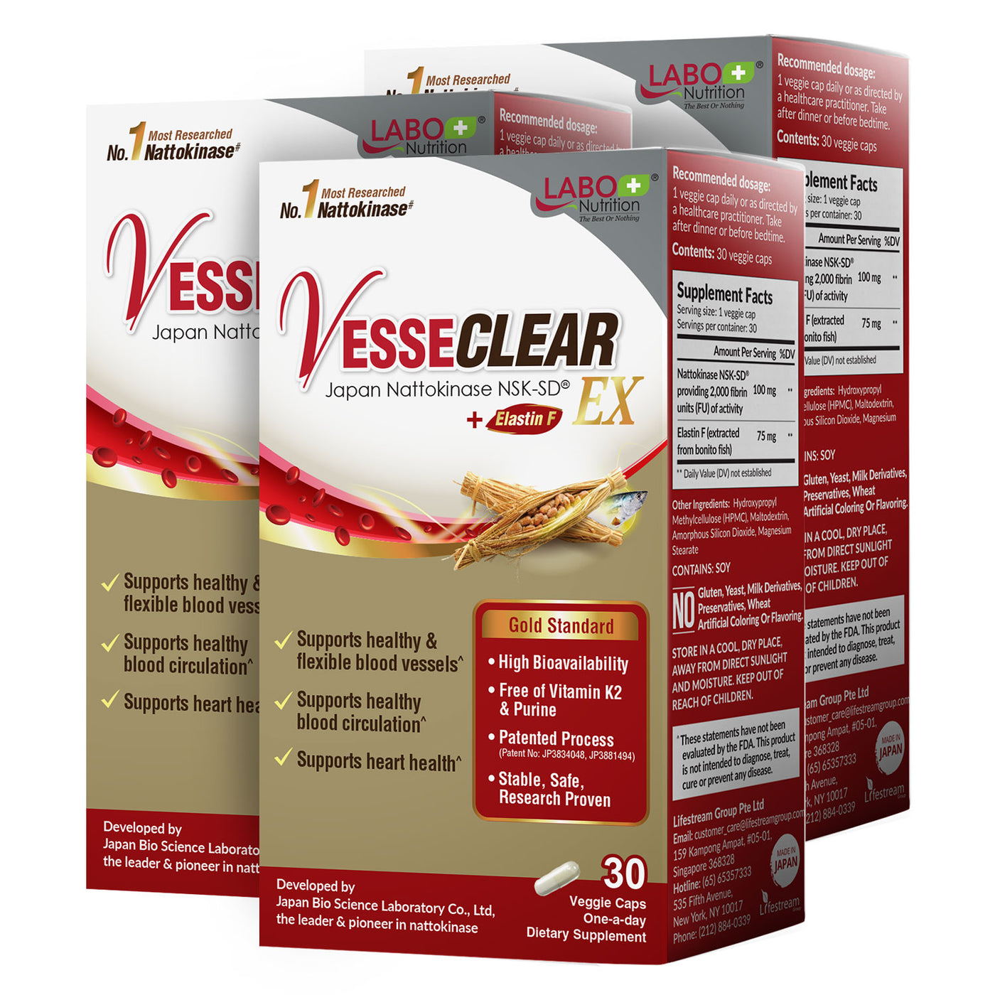 LABO Nutrition VesseCLEAR EX: Nattokinase NSK-SD+Elastin F for Clean & Flexible Blood Vessel. Japan's Most Clinically Studied, Functional Dose, For Cardiovascular, Blood Pressure & Circulation Support - Lifestream Group US